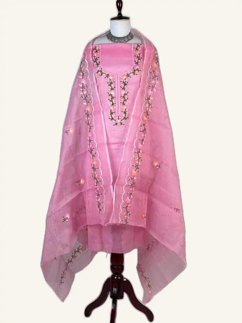 Kota Doria Dress Material Rose Pink Floral Yoke view 2