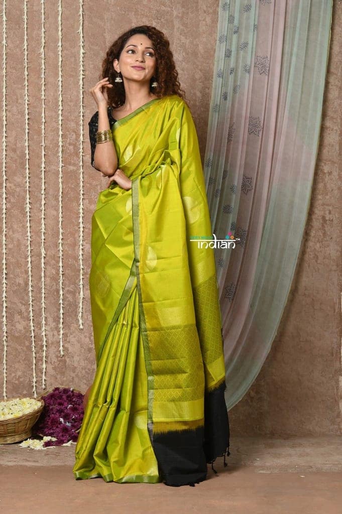 Tyohaar ~ Handloom Pure Silk Saree with Handwoven Zari Work On Pallu ~ Olive Yellow