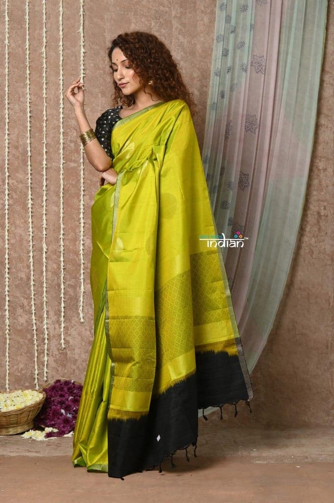 Tyohaar ~ Handloom Pure Silk Saree with Handwoven Zari Work On Pallu ~ Olive Yellow view 2