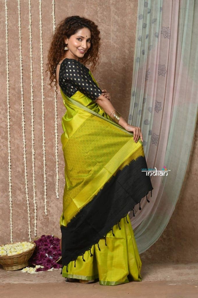 Tyohaar ~ Handloom Pure Silk Saree with Handwoven Zari Work On Pallu ~ Olive Yellow view 3