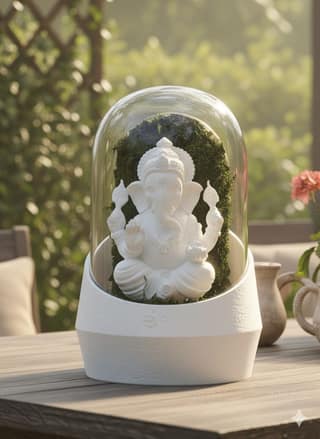 White Lord Ganesha Idol with Moss Terrarium Cloche Decorative Showpiece