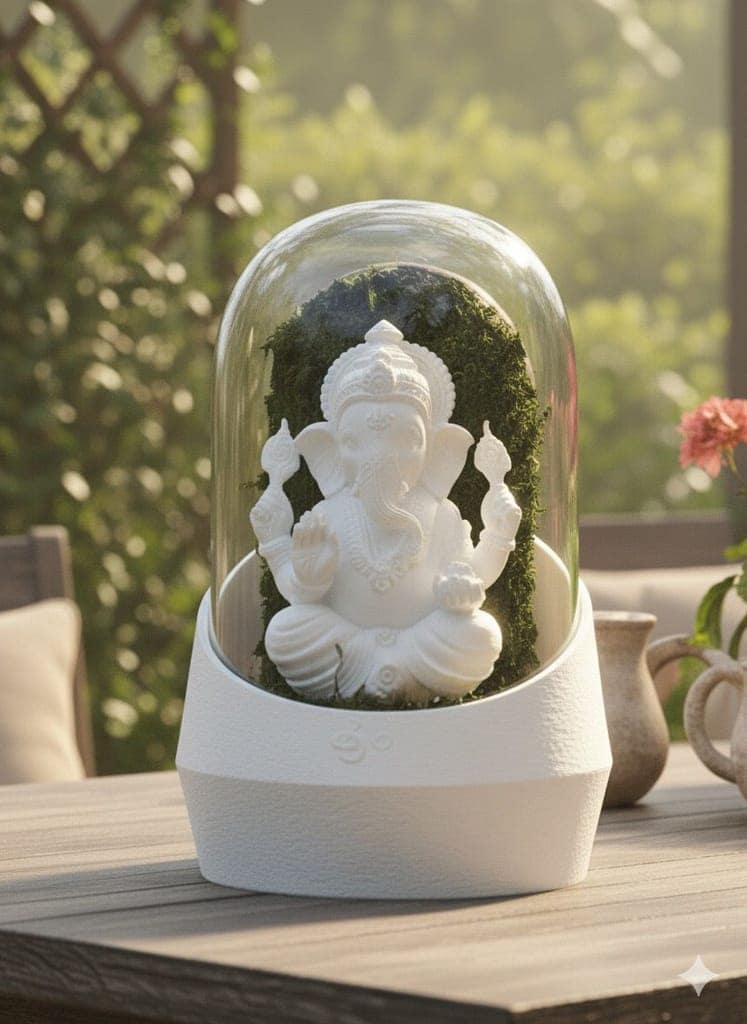 White Lord Ganesha Idol with Moss Terrarium Cloche Decorative Showpiece