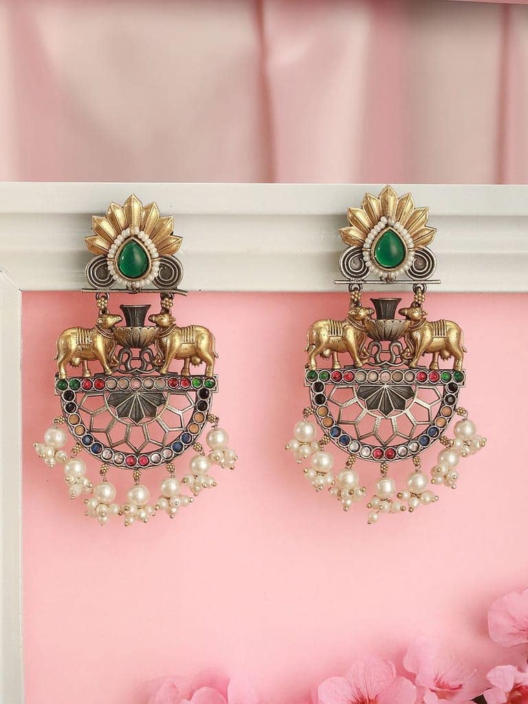 Antique Gold Oxidised Emerald Green Stone & Pearl Beaded Nandi Motif Tribal Contemporary Chandbali Dangler Earrings view 3