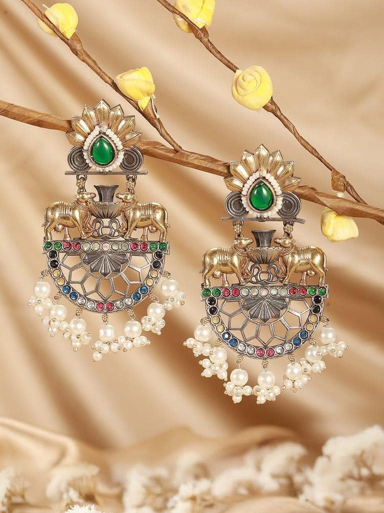 Antique Gold Oxidised Emerald Green Stone & Pearl Beaded Nandi Motif Tribal Contemporary Chandbali Dangler Earrings view 5