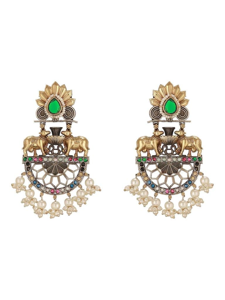 Antique Gold Oxidised Emerald Green Stone & Pearl Beaded Nandi Motif Tribal Contemporary Chandbali Dangler Earrings view 7
