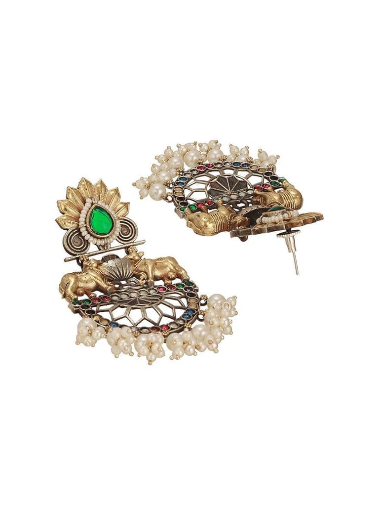 Antique Gold Oxidised Emerald Green Stone & Pearl Beaded Nandi Motif Tribal Contemporary Chandbali Dangler Earrings view 8