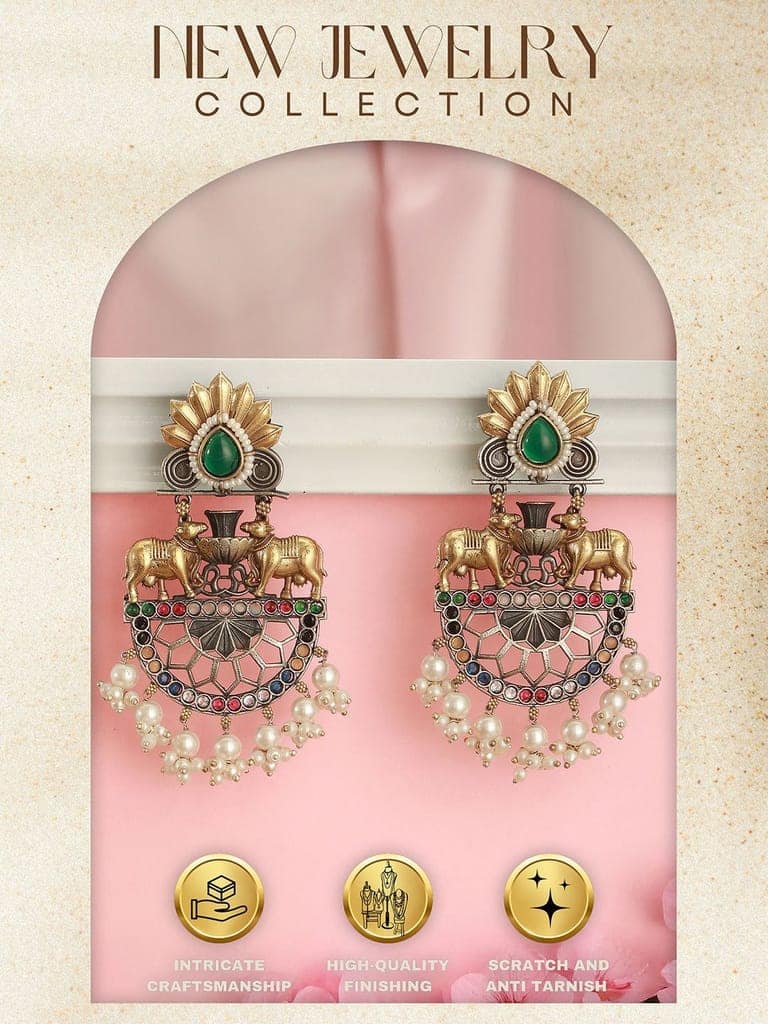 Antique Gold Oxidised Emerald Green Stone & Pearl Beaded Nandi Motif Tribal Contemporary Chandbali Dangler Earrings view 9