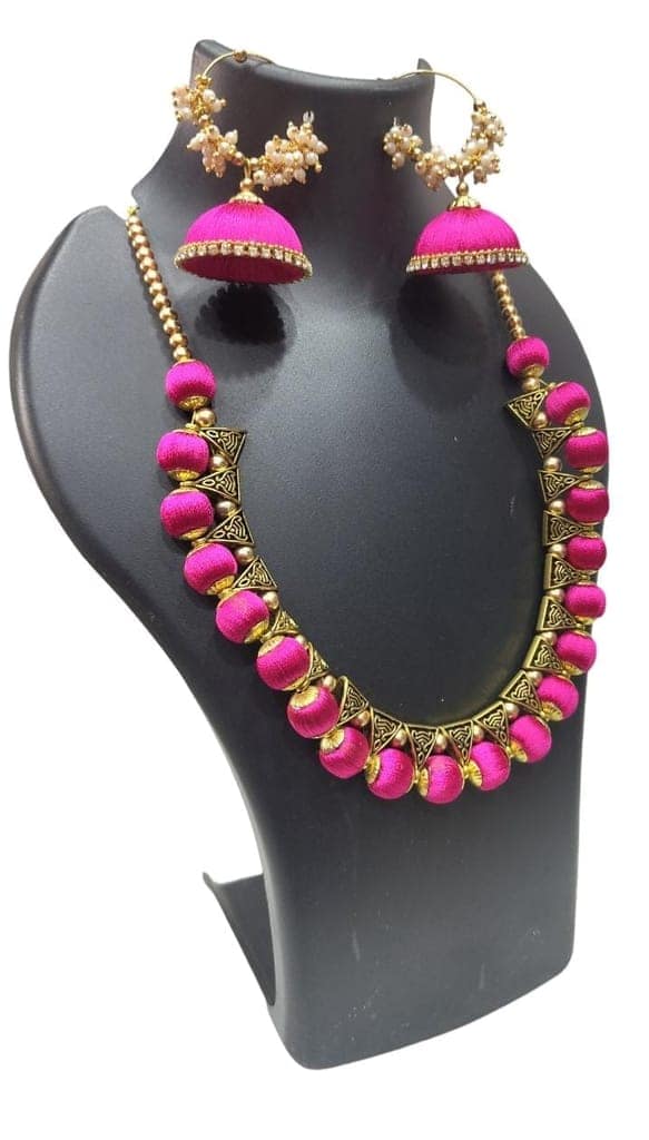 Pink Silk Thread Necklace Set with Earrings for Women view 2