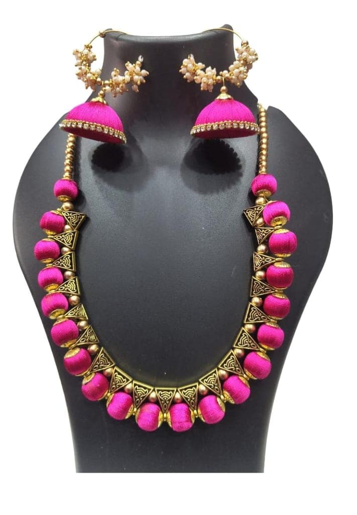 Pink Silk Thread Necklace Set with Earrings for Women view 5