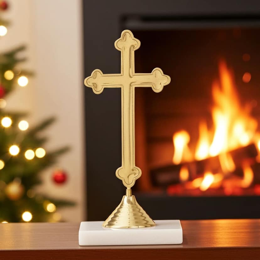 Brass Decorative Showpiece Christmas Cross ? Antique Finish Christian Religious Symbol, Height : 16.5 Inch (FMAS486 E)
