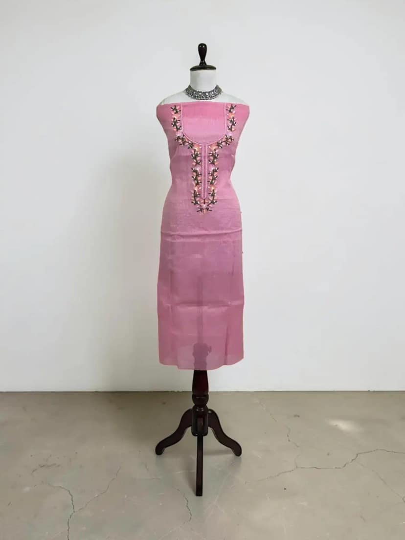 Handwoven Kota Doria Dress Material in Rose Pink with Gota Patti view 3