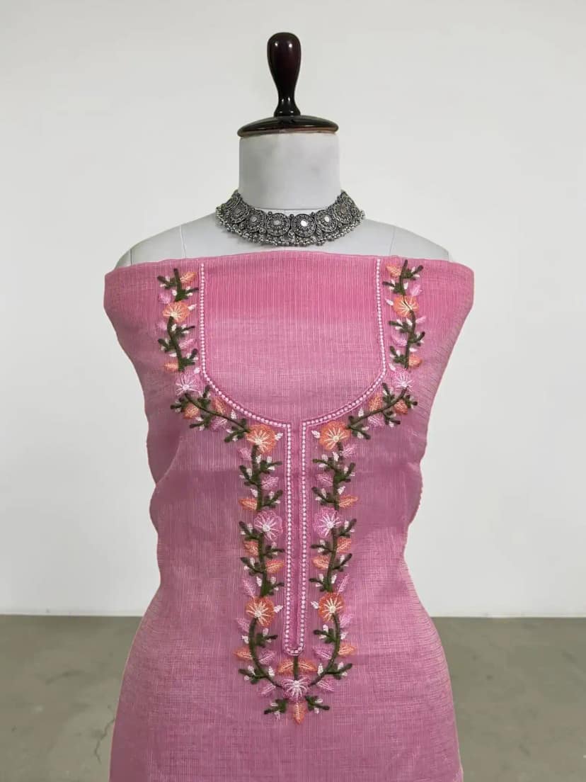 Handwoven Kota Doria Dress Material in Rose Pink with Gota Patti view 4