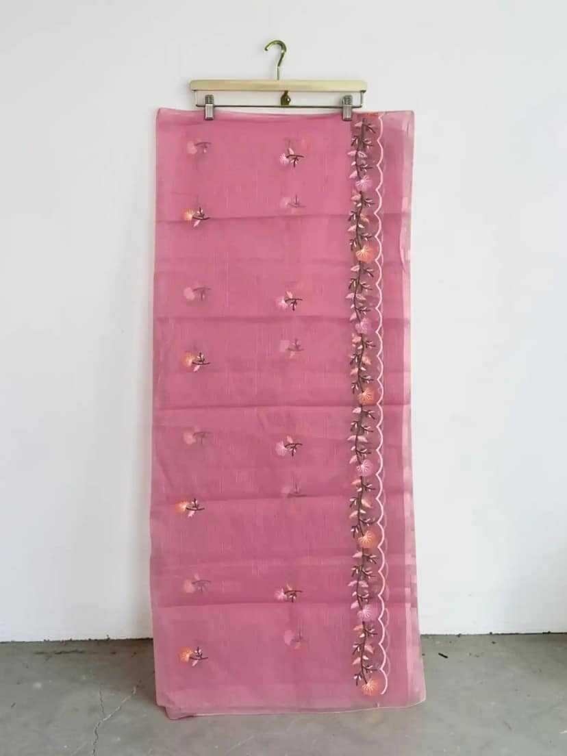 Handwoven Kota Doria Dress Material in Rose Pink with Gota Patti view 5