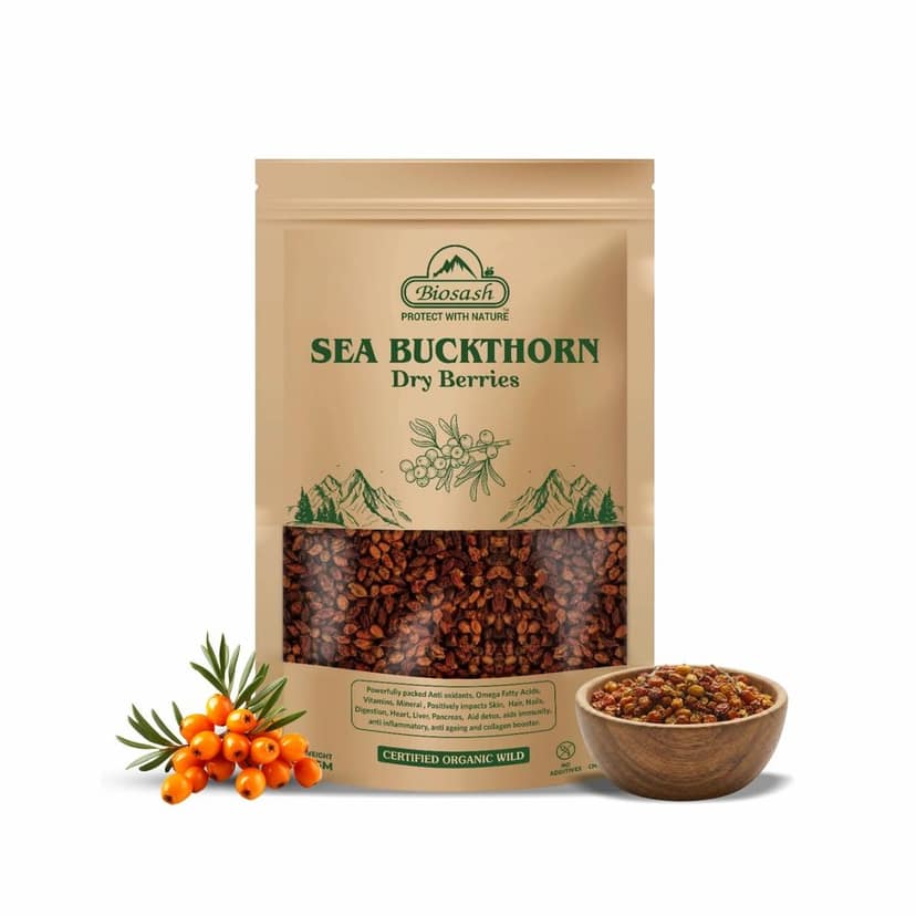 Biosash Sea Buckthorn Dry Berries 100g - Sun Dried Seabuckthorn Berries With Vitamins, Antioxidants, Natural Dried Sea Buckthorn Berry, Omega 3 6 7 & 9 | Helps in immunity, Heart, Liver health