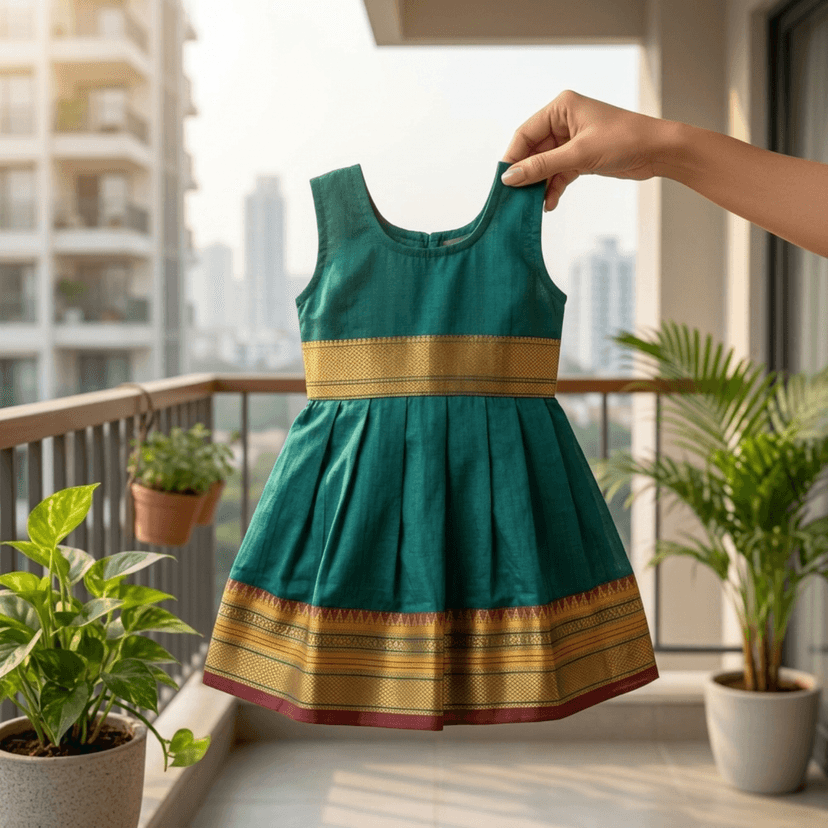 Baby Girls Summer Frock Dress (0–5 Years) | Soft Acrylic Cotton with Pure Cotton Lining | Sleeveless Round Neck | Lightweight & Breathable (in, Age, 12 Months, 18 Months, Regular, Morpankhi) view 3