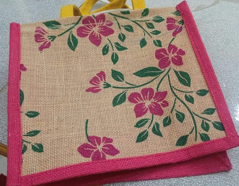 Jute Bag with Pink Floral Print view 2