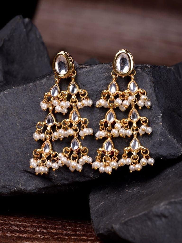 Gold Plated Kundan Pearl Beaded Traditional Dangle Earrings view 2