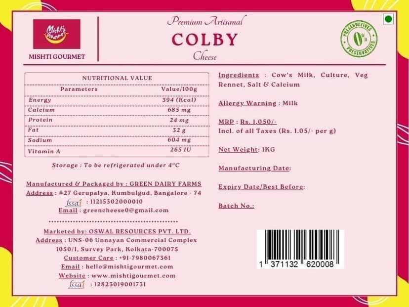 Mishti Gourmet Colby Cheese 1kg view 2