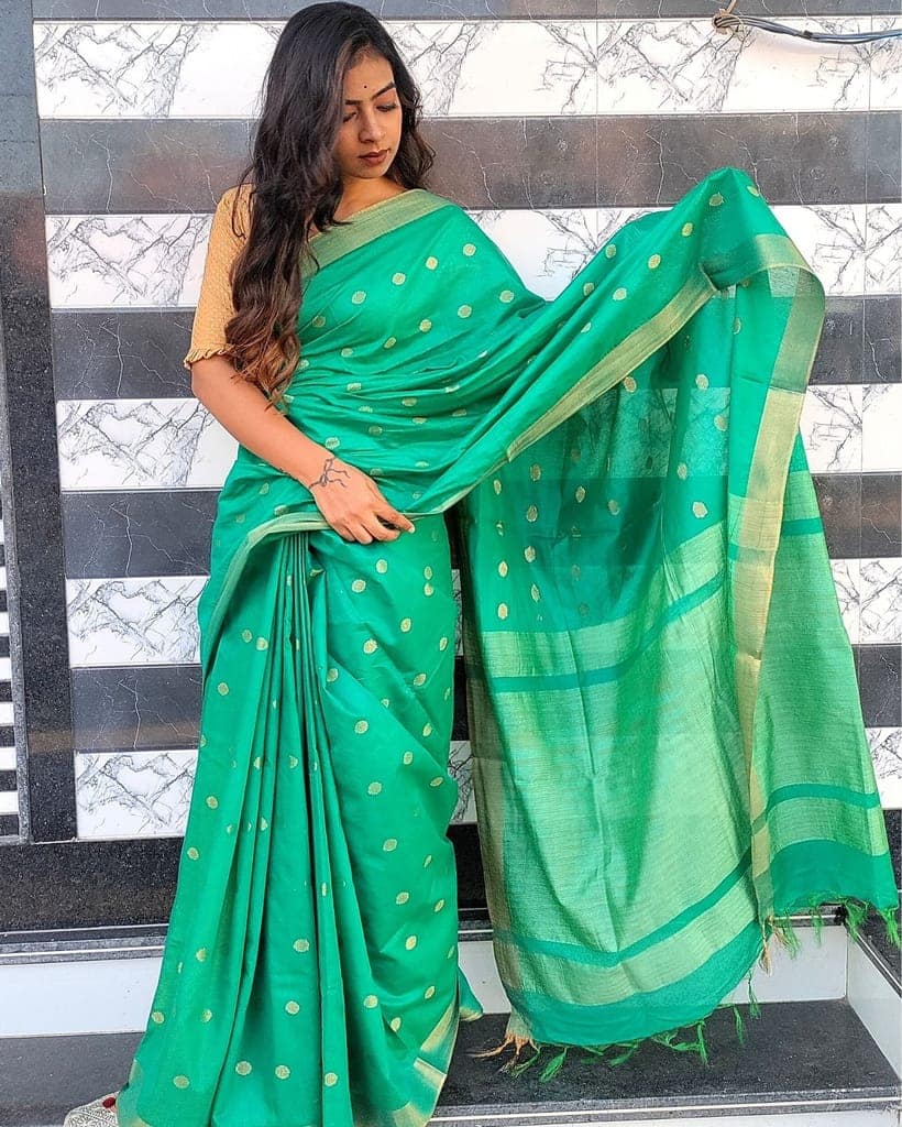 Katan Staple Silk Saree Green Color with running blouse-9444