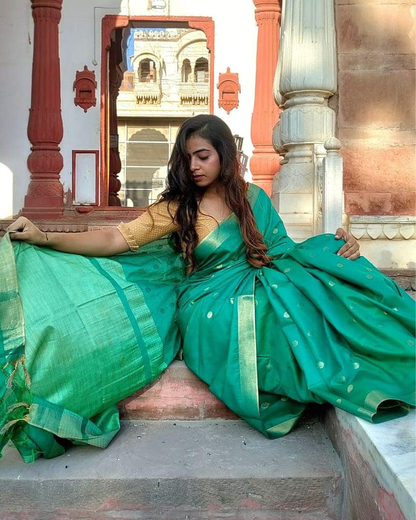 Katan Staple Silk Saree Green Color with running blouse-9444 view 2