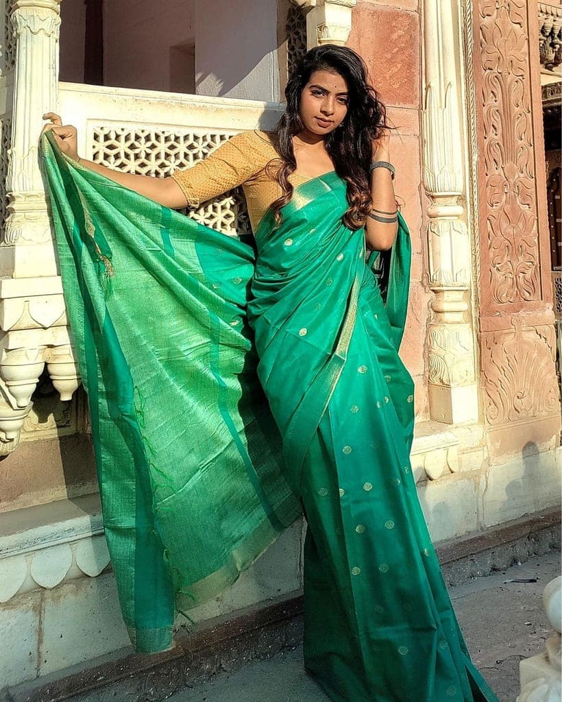 Katan Staple Silk Saree Green Color with running blouse-9444 view 3
