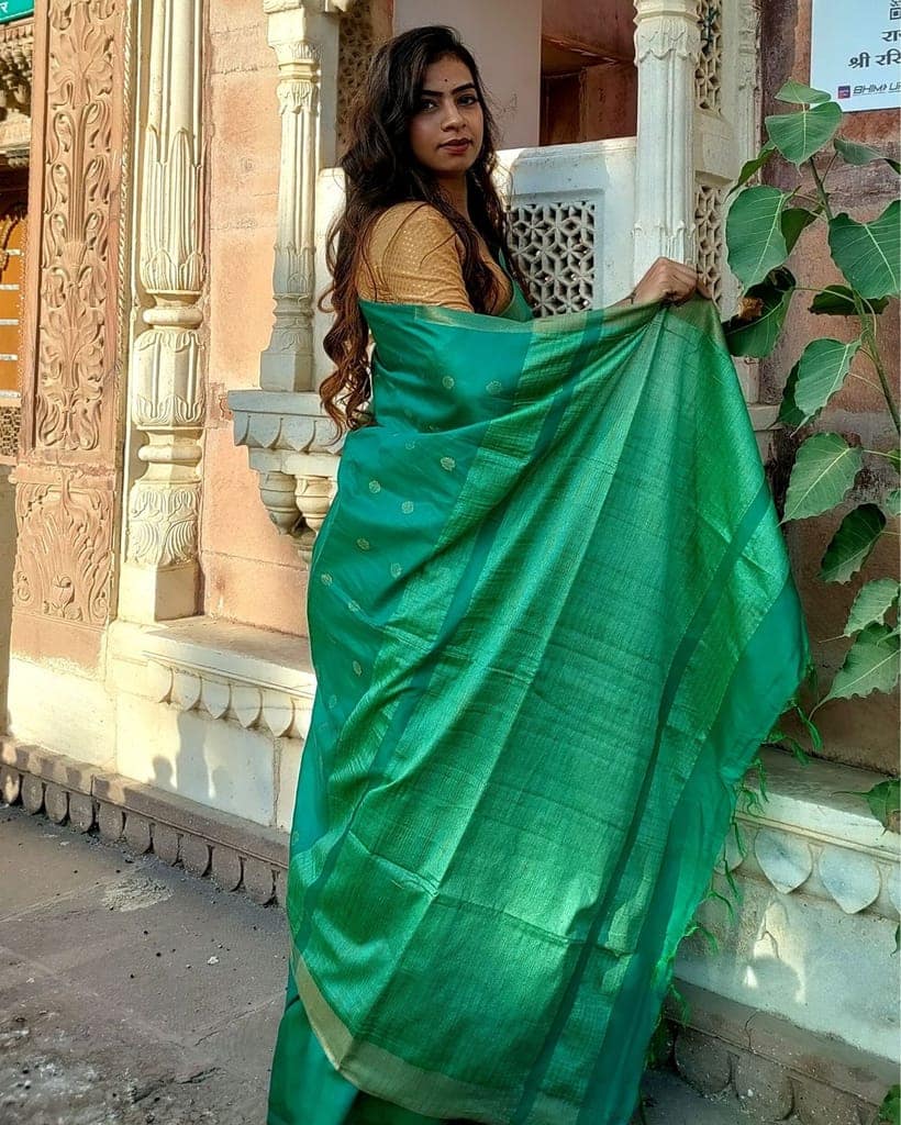 Katan Staple Silk Saree Green Color with running blouse-9444 view 5