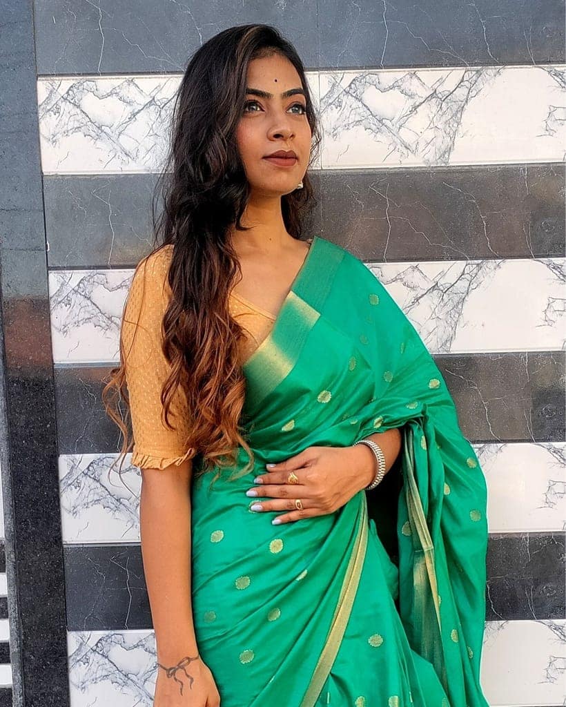 Katan Staple Silk Saree Green Color with running blouse-9444 view 6