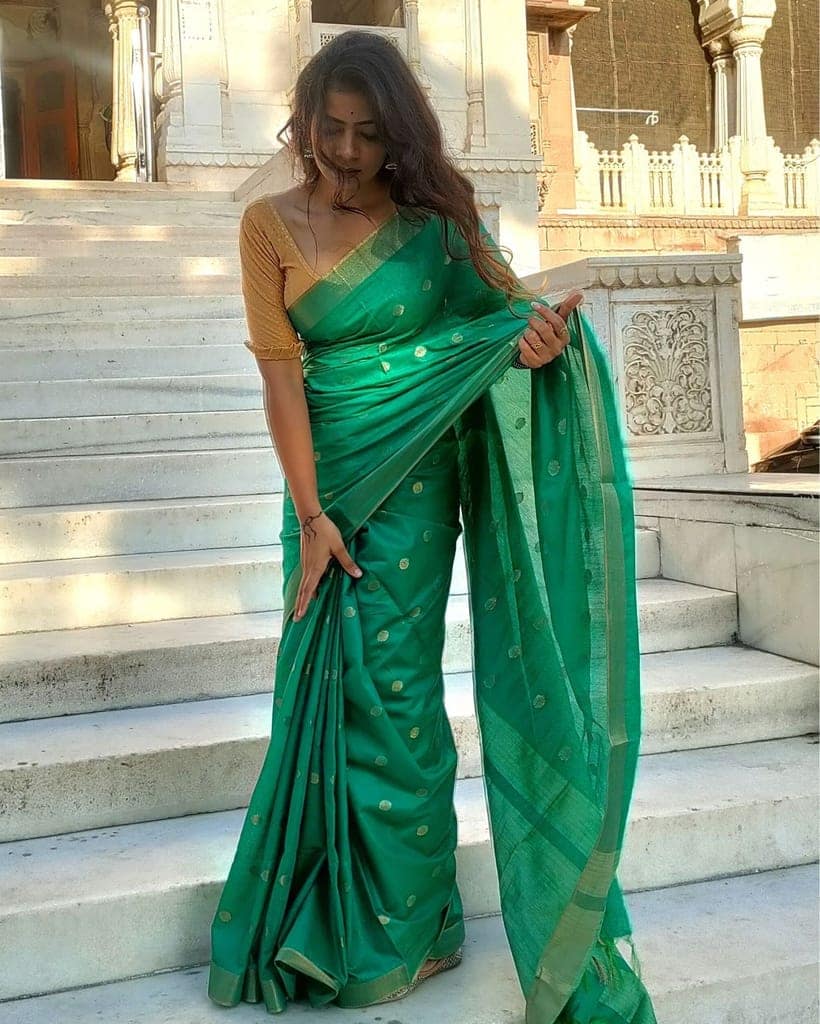 Katan Staple Silk Saree Green Color with running blouse-9444 view 7