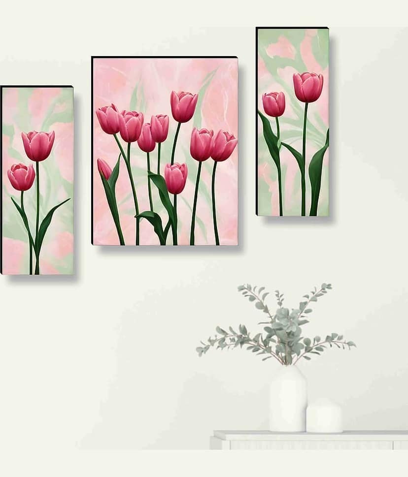Livin'luxe Pink Tulip Flower Wall Art – 3 Panel Botanical Painting with Soft Pastel Background for Bedroom, Living Room & Nature Décor 12 Inch x 20 Inch view 2