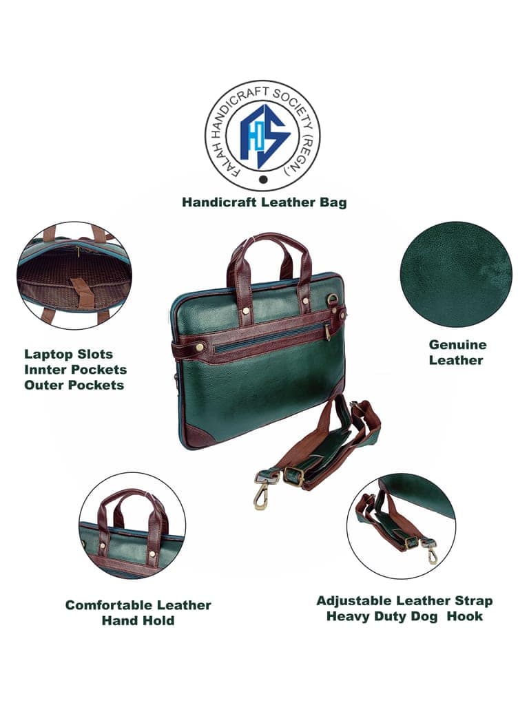 FHS Genuine Leather Laptop Bag for Men - Office Bag, Green & Brown Color - Fits Up to 14/15.6/16 Inch Laptop view 5