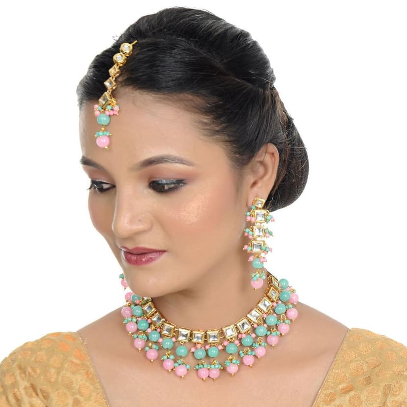 LUCKY JEWELLERY Back Meenakari 18k Gold Plated Multicolor Tika Earring Combo Uncut Big Faux Kundan Choker Necklace set view 2