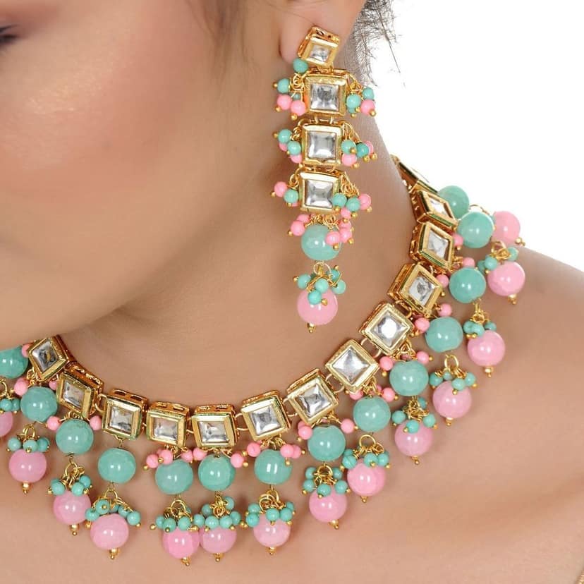LUCKY JEWELLERY Back Meenakari 18k Gold Plated Multicolor Tika Earring Combo Uncut Big Faux Kundan Choker Necklace set view 3