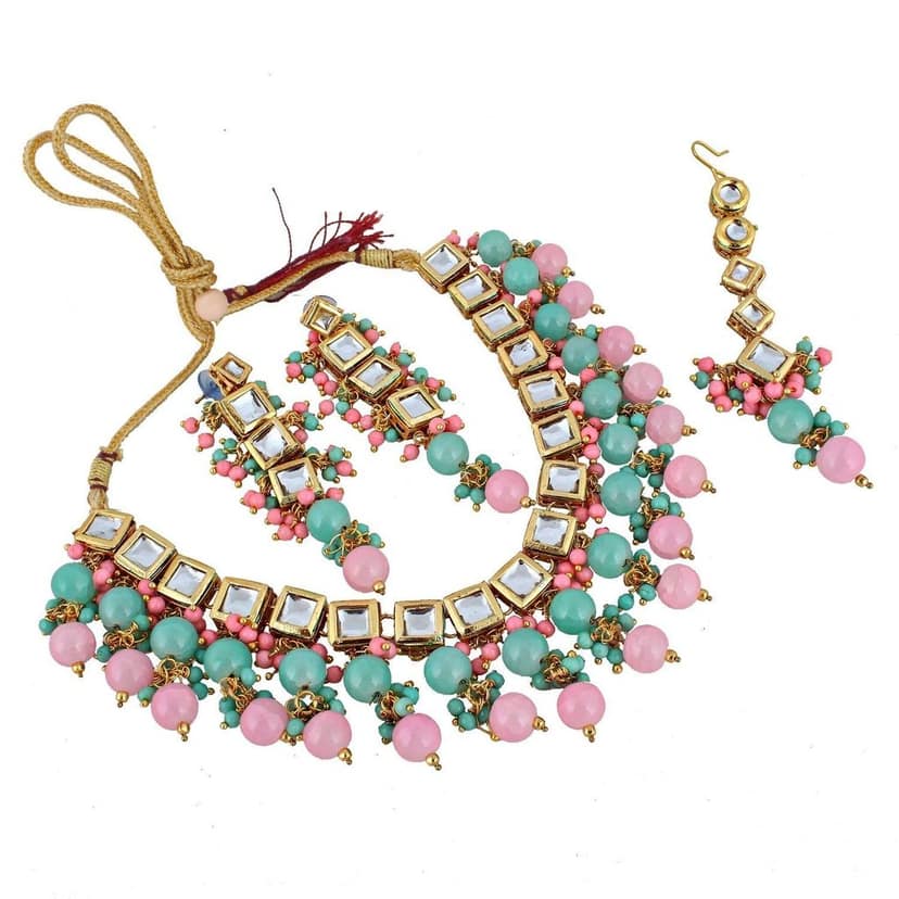 LUCKY JEWELLERY Back Meenakari 18k Gold Plated Multicolor Tika Earring Combo Uncut Big Faux Kundan Choker Necklace set view 4