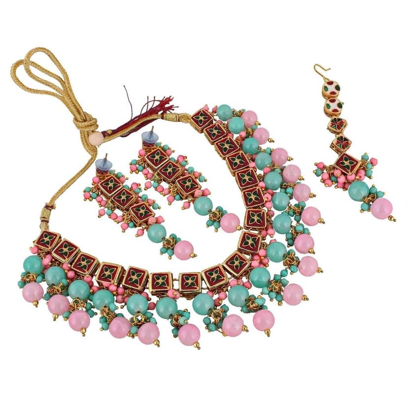 LUCKY JEWELLERY Back Meenakari 18k Gold Plated Multicolor Tika Earring Combo Uncut Big Faux Kundan Choker Necklace set view 5