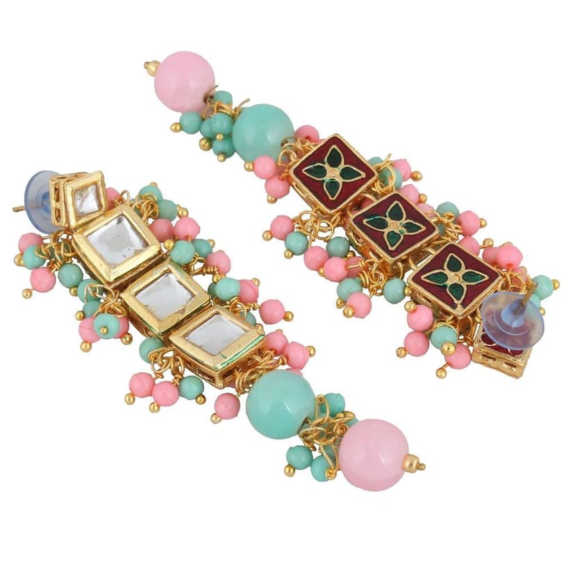 LUCKY JEWELLERY Back Meenakari 18k Gold Plated Multicolor Tika Earring Combo Uncut Big Faux Kundan Choker Necklace set view 7