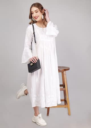 Mulmul Hand Embroidered Knee length Chikankari Dress White