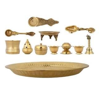 Golden Pooja Thali Set - Traditional Religious Ritual Essentials