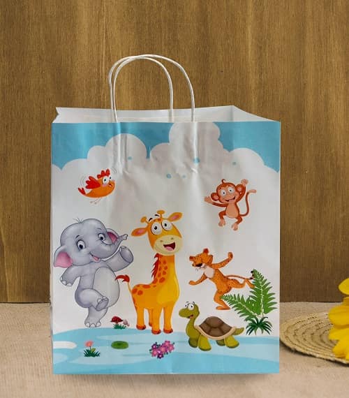 90 GSM Jungle Safari Printed Attractive Paper Gift Bags, Ideal for Birthday Return Gifts, Kids Party, & Gifting on Special Occasions (Size: 11.4 x 9.4 x 4.7 inch) - 12