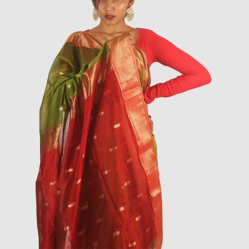 Olive Green Maheshwari Silk Saree with Diamond Border and Khat Buti view 3