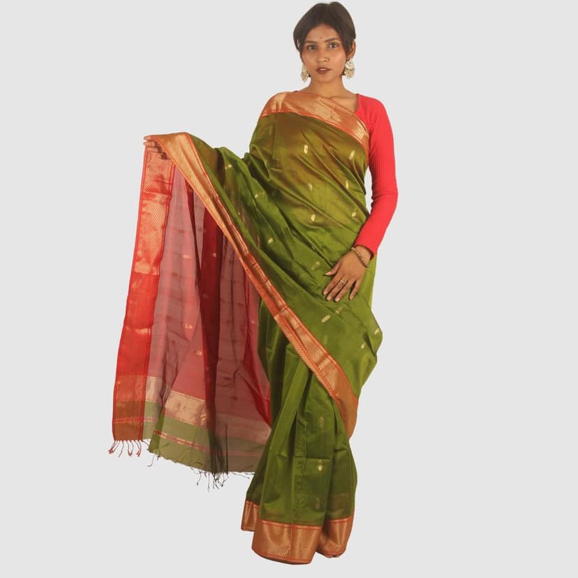 Olive Green Maheshwari Silk Saree with Diamond Border and Khat Buti view 4