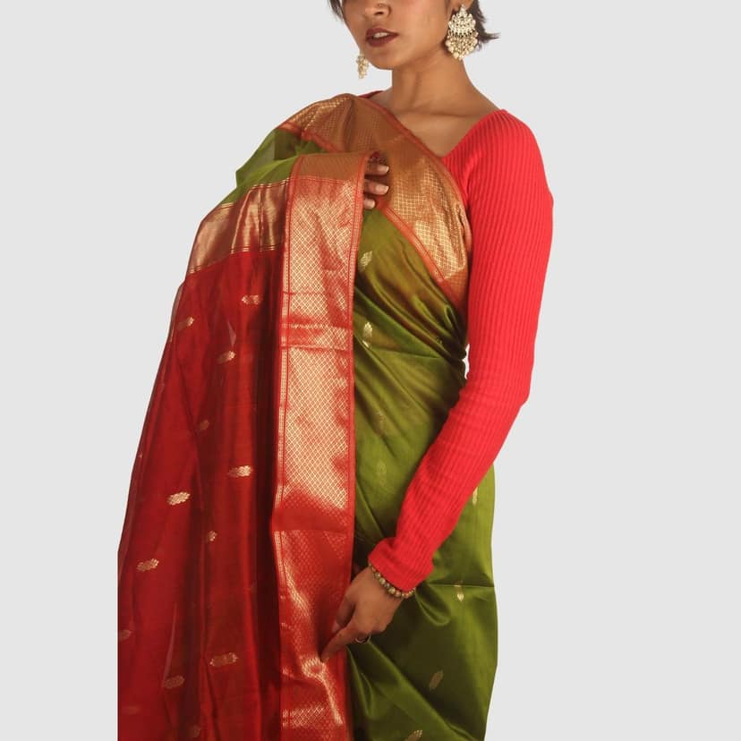 Olive Green Maheshwari Silk Saree with Diamond Border and Khat Buti view 7