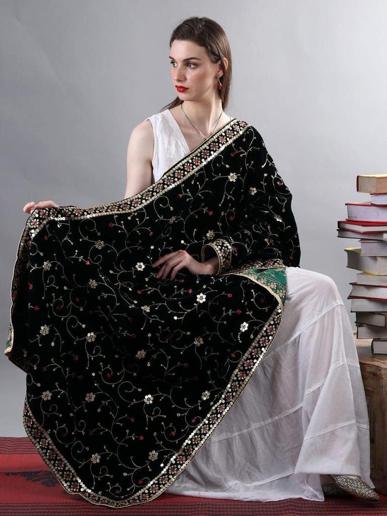 Bottle-Green Zari Embroidered Bail With Sequinned Flowers and Multicolour Thread Kite On Velvet Dupatta From Amritsar view 2