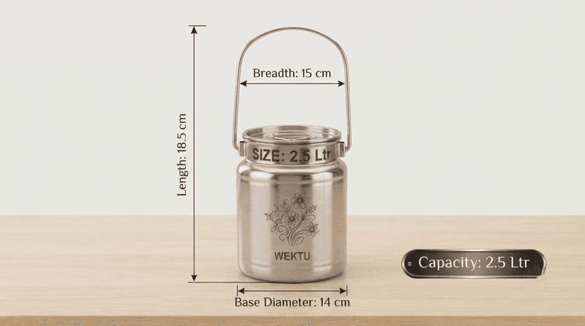 WEKTU Premium Stainless Steel Barni Dolu with Airtight Leak-Proof Lid & Foldable Handle | Heavy Duty Mirror Finish Metal Milk Can & Kitchen Storage Container | Available in Multiple Sizes (1L, 1.5L, 2L, 2.5L, 3L, 4L, 5L)