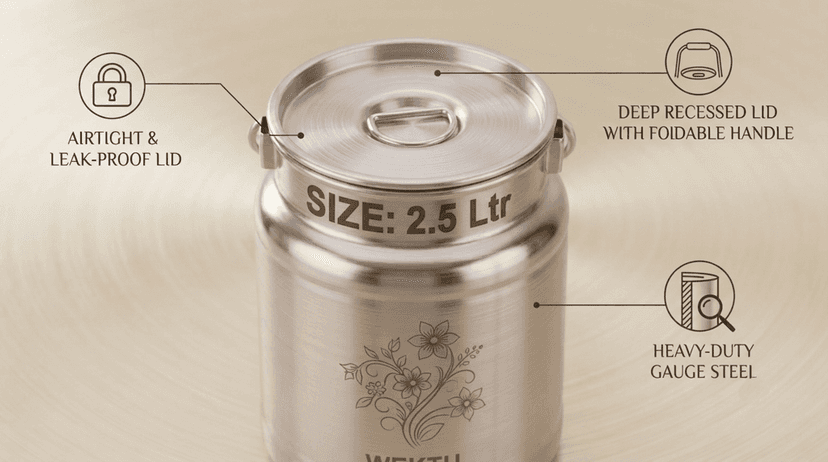 WEKTU Premium Stainless Steel Barni Dolu with Airtight Leak-Proof Lid & Foldable Handle | Heavy Duty Mirror Finish Metal Milk Can & Kitchen Storage Container | Available in Multiple Sizes (1L, 1.5L, 2L, 2.5L, 3L, 4L, 5L) view 2