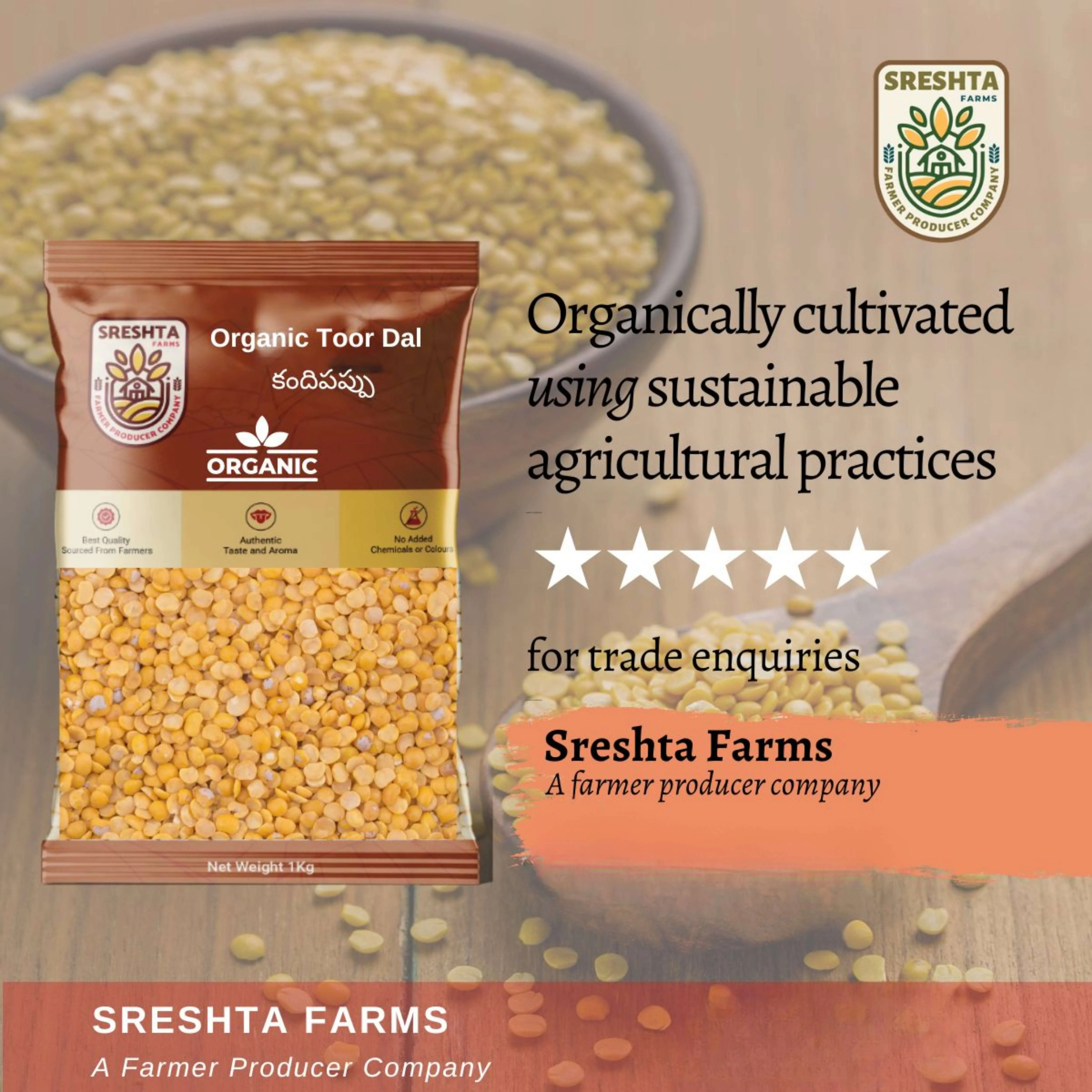 Sreshta Farms Organic Toor Dal (Kandi Pappu) Unpolished view 3