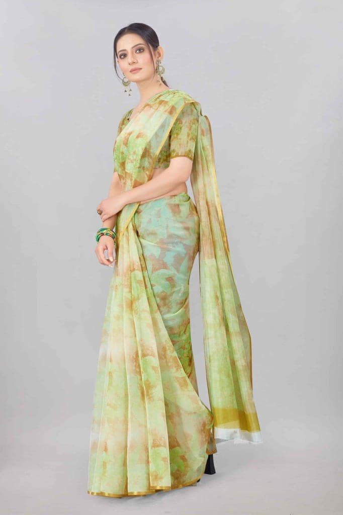 Green Organza Digital Printed Saree with Zari Border view 2