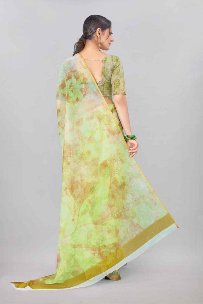 Green Organza Digital Printed Saree with Zari Border view 3