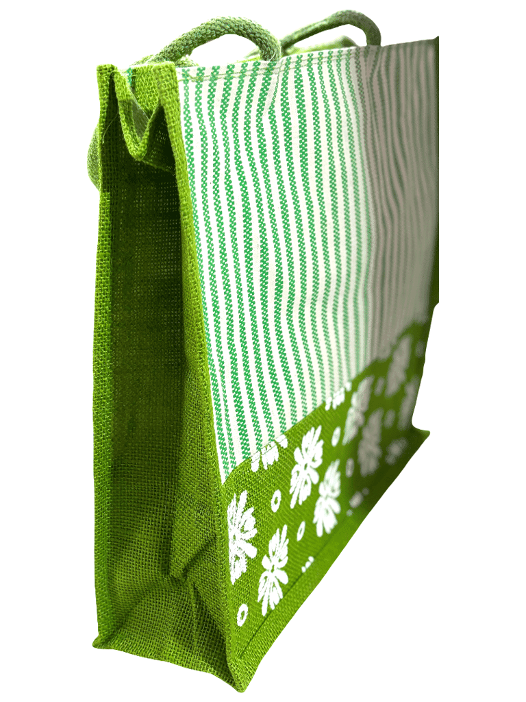 Green Striped Jute Tote Bag with Floral Design view 2