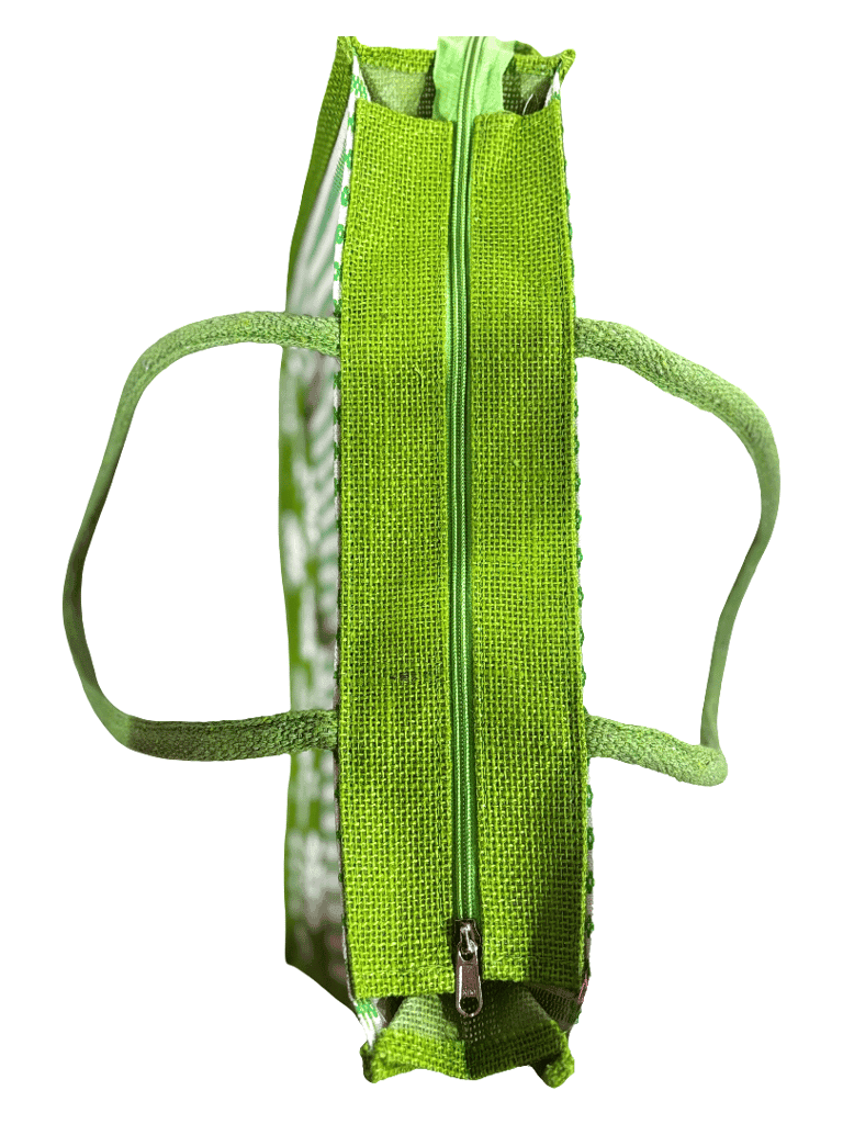 Green Striped Jute Tote Bag with Floral Design view 3