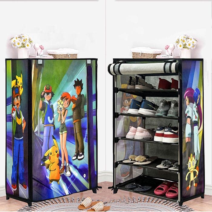 Philoshop 5-Shelves Durable Metal Frame Modular Shoe Rack with 100 GSM Fabric in Grey – Unique Pokémon Cartoon Print